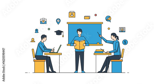 Modern education concept with teachers and students engaging in learning activities in a classroom setting