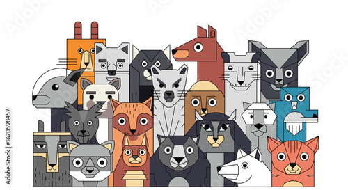 A whimsical collection of stylized cartoon animals featuring diverse feline and canine breeds and various other creatures