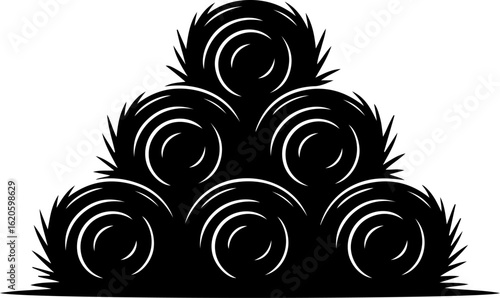 black silhouette vector of stacked hay bales in an open field