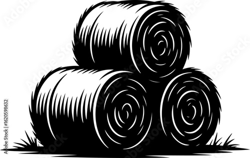 black silhouette vector of stacked hay bales in an open field