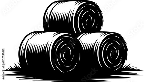 black silhouette vector of stacked hay bales in an open field
