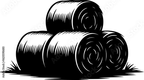 black silhouette vector of stacked hay bales in an open field