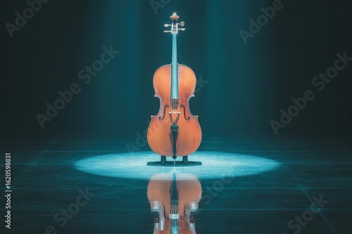 Elegant cello illuminated by a spotlight on a reflective stage