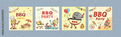 Cartoon BBQ Party Illustration Set – Fun Summer Barbecue Vector Design with Food Characters, Balloons, Grill, and Picnic Elements for Flyer, Social Media, or Kids Event Poster