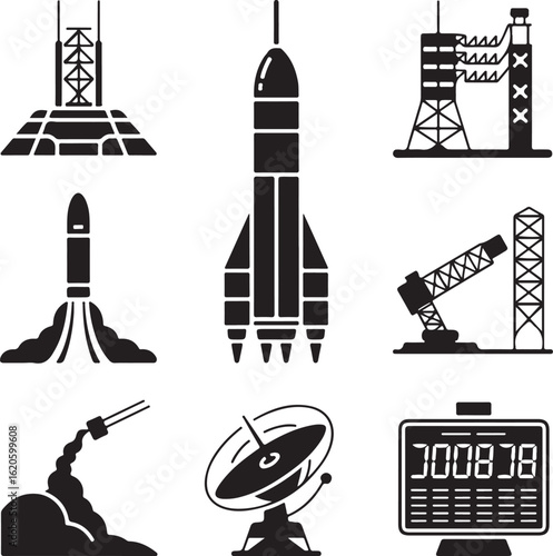 Rocket Launch Infrastructure Solid Icons – Launchpad, Control Tower, Fuel Tank, Support Arm, Flame Trench, Radar Dish, and Countdown Monitor