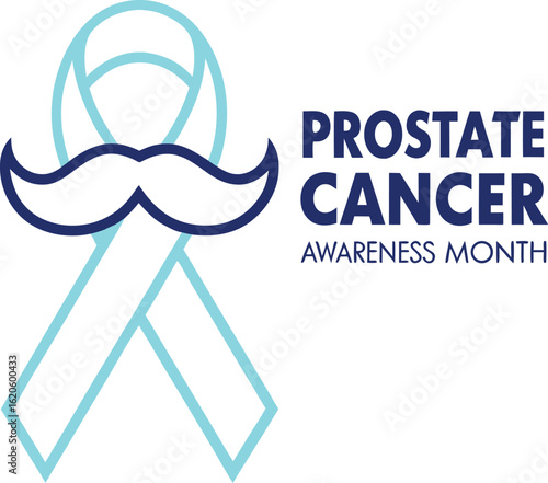 Light blue prostate cancer awareness ribbon with mustache isolated on transparent background