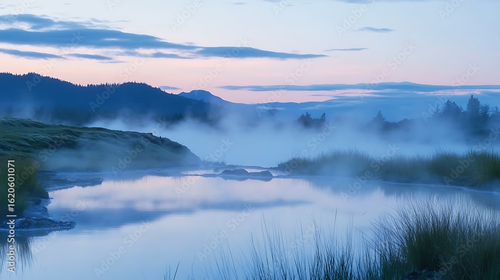 Fototapeta premium Soft mist rising from a tranquil mountain retreat