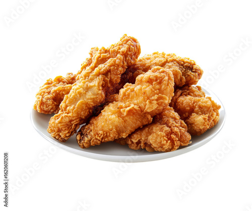 Crispy golden fried chicken tenders served on a white plate with a transparent background