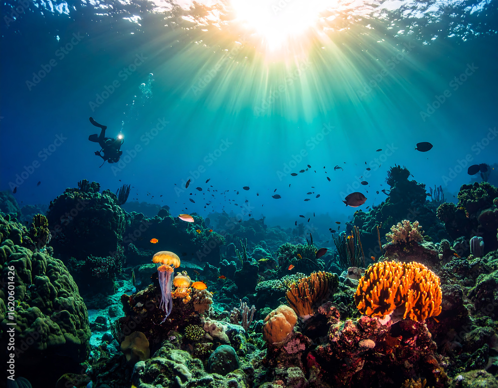 Fototapeta premium Underwater view of a scuba diver exploring a vibrant coral reef teeming with fish, illuminated by sunlight filtering through the ocean surface.