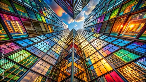 Vector art of looking up at colorful glass skyscrapers in the city financial district