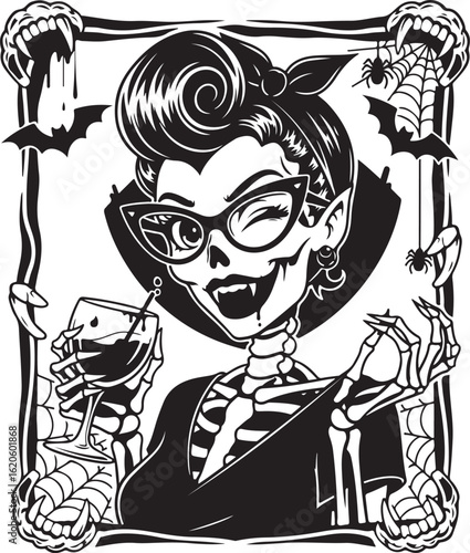 Pin up skeleton vampire woman drinking cocktail isolated on white background