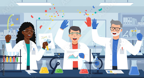 Joyful Scientists Celebrating Success in Laboratory Experiment.