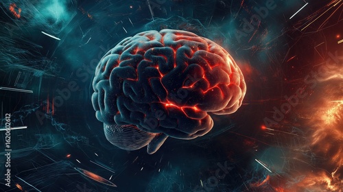 Futuristic artificial intelligence brain concept with glowing neural network on dark background.