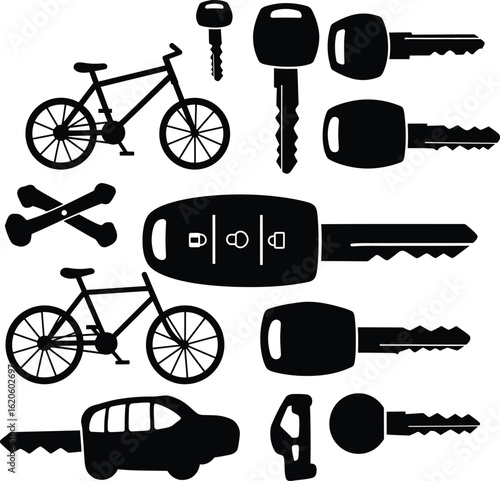 A versatile collection of car and bicycle keys, showcasing various types including traditional, remote, and transponder keys, alongside bicycles and crossbones, perfect for security.
