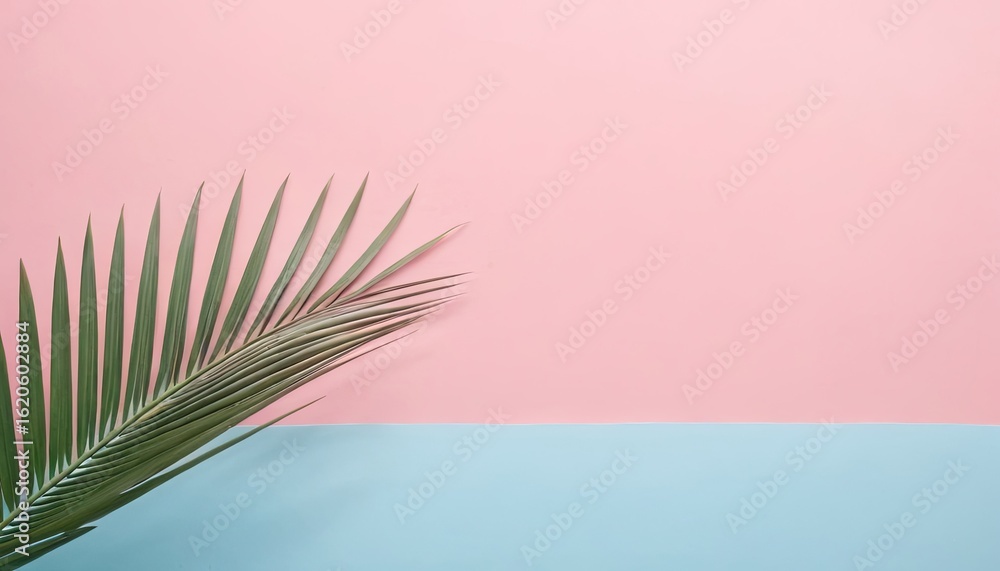 Fototapeta premium Pastel Pink and Blue Minimalist Background with Palm Leaves and Crayon. 4