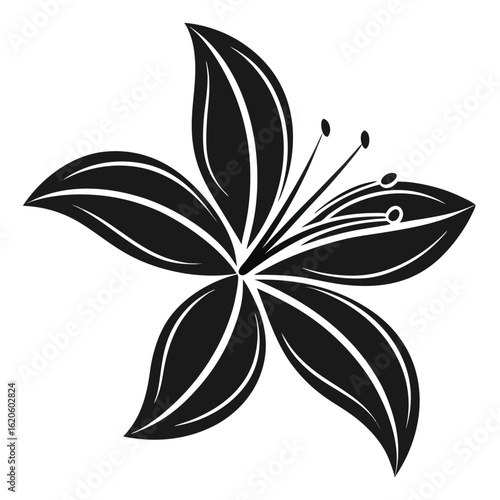 Black silhouette of a stylized flower with five petals and stamens white icon