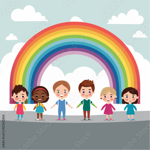 Sehr minimalistisches Kinderschutz-Logo mit abstrakten Kinder-Symbolen unter Regenbogen