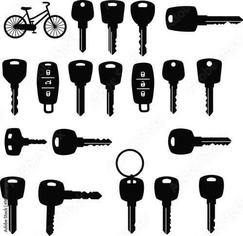 A versatile collection of various keys and a bicycle as silhouettes, including traditional keys, car remote keys, and a classic bicycle, ideal for security, cycling, and automotive designs.