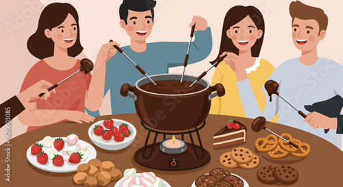 People Enjoying Chocolate Fondue with Various Dipping Treats.