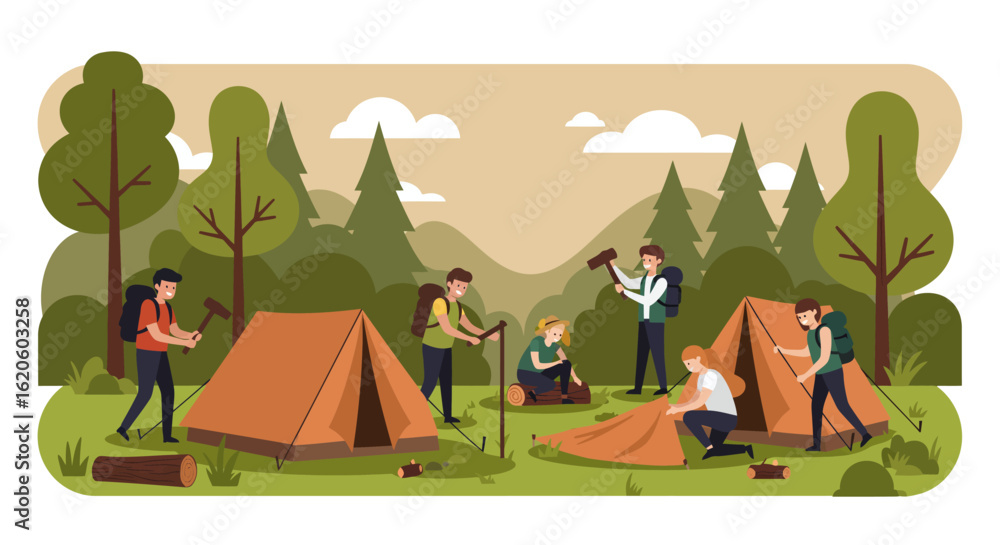 Naklejka premium Group of People Setting Up Camping Tents Outdoors.