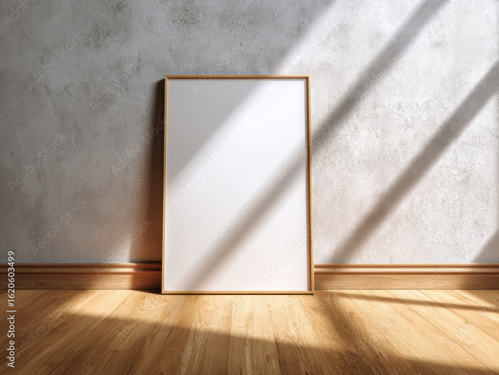 A wooden frame with a white picture sits on a wooden floor. The frame is made of wood and the picture is white. The room is well lit, with sunlight shining on the picture