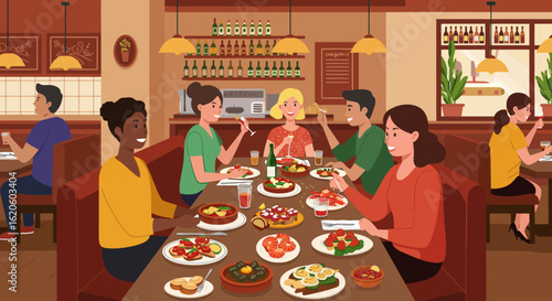 Group of Friends Enjoying Dinner at Restaurant.