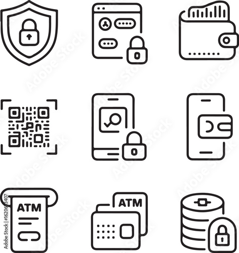 Secure Payment and Online Banking Outline Icons — Trust Badges, Login, Cards, Crypto Wallet, and Verification Symbols