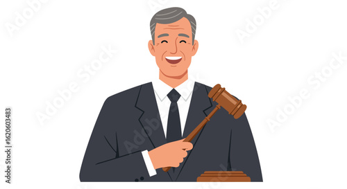 Smiling Judge Holding Gavel in Courtroom Illustration.