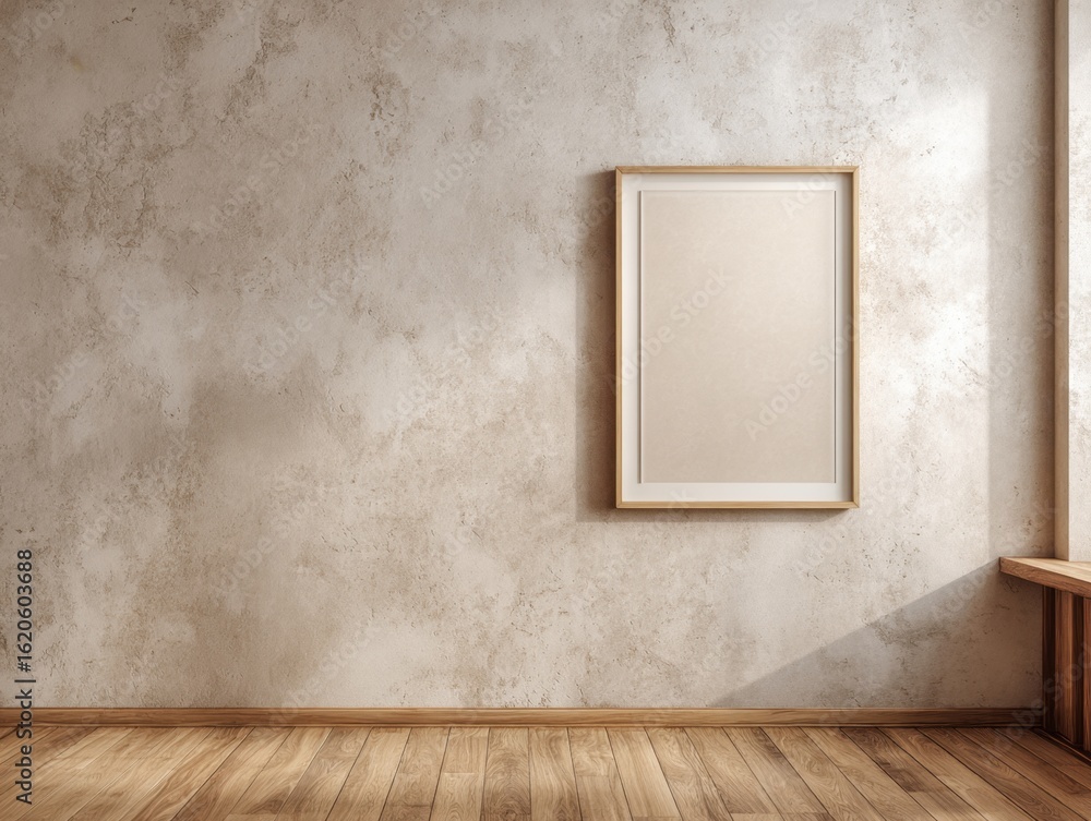 A white framed picture is hanging on a wall. The frame is wooden and the picture is white
