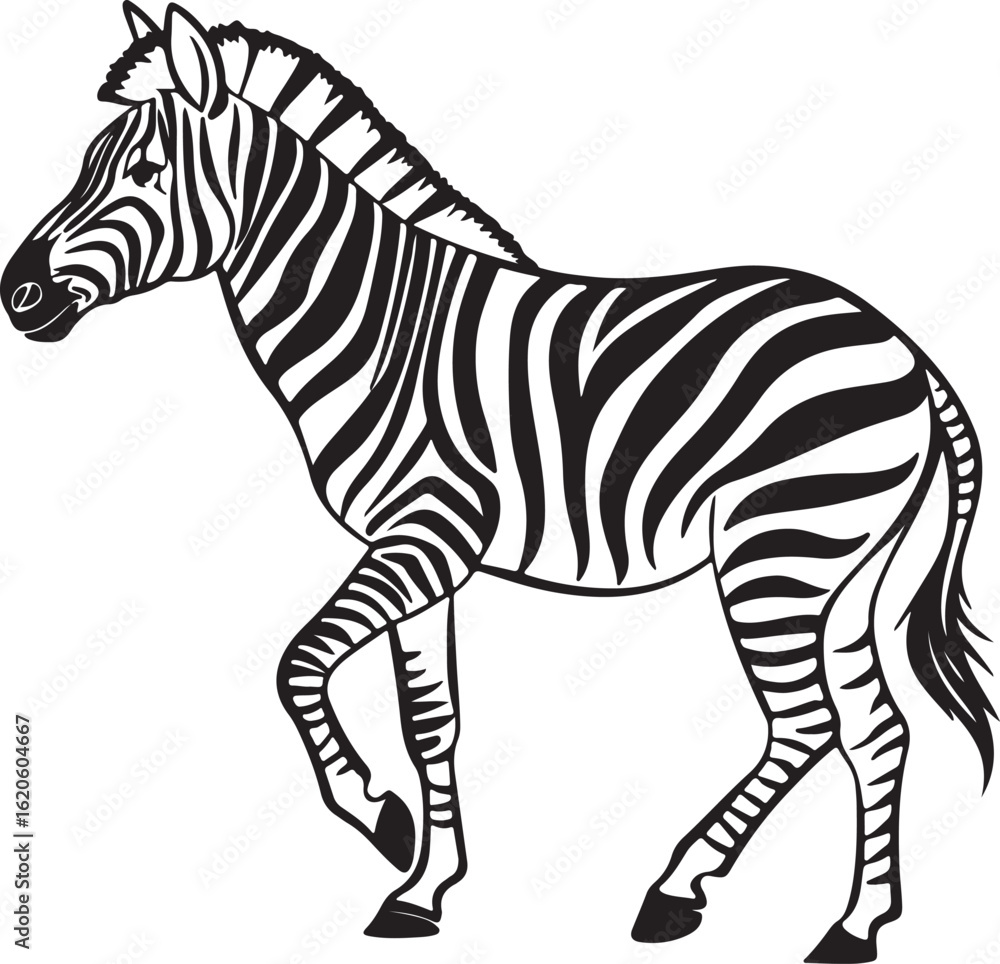 Obraz premium The image features a zebra positioned centrally, highlighting its unique striped pattern against a neutral background, Zebra vector style silhouette image
