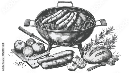A Charcoal Grill Feast Featuring Grilled Sausages, Bread, Garlic, and Rosemary, Complemented by Onions Prepared with Culinary Precision