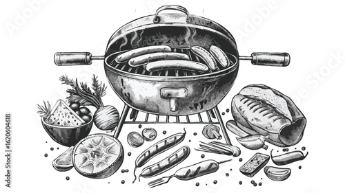 Monochromatic Sketch of a Barbecue Scene with Grill, Sausages, Bread, and Vegetables, Displaying an Appetizing Outdoor Feast