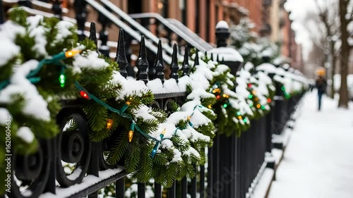 Snowcovered evergreen garlands with colorful lights adorn a black metal fence along a city street during winter holidays