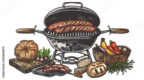 BBQ Feast A Colorful Still Life of Grilled Sausages Bread and Vegetables on and Around a Charcoal Grill