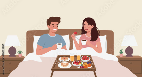 Couple Enjoying Breakfast in Bed Together.