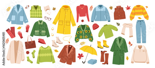 Fall clothes kit. Set of cozy autumnal sweaters, scarves, socks, and warm accessories. Fashion clothes, garments and accessories set. Vector hand drawn flat collection illustration isolated on white 