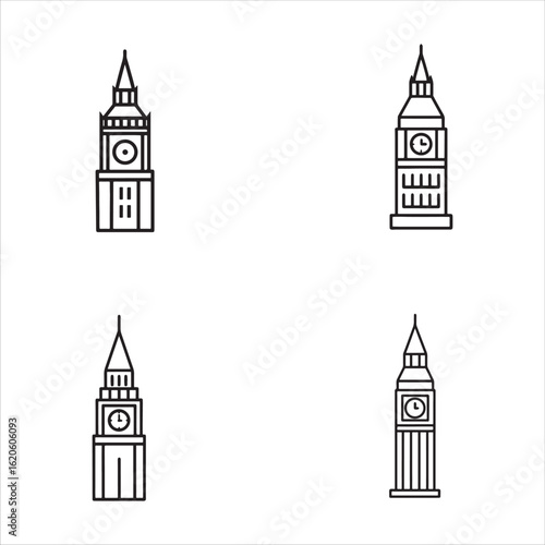 Four Variations of Big Ben Line Art Illustration of Iconic London Landmark and Historic Clock Tower Symbolizing Tourism and Architectural Beauty