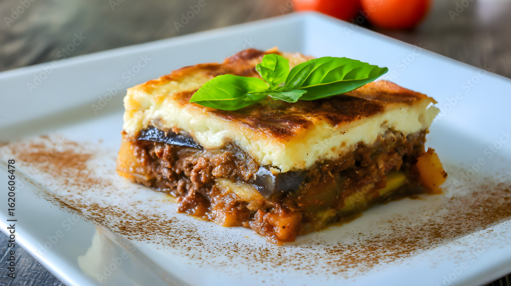 Delicious Moussaka Layered Casserole with Sautéed Vegetables and Meat Served on a White Plate Delicious Moussaka Layered Casserole with Sautéed Vegetables and Meat Served on a White Plate