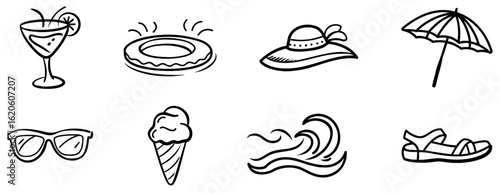 Summer Vacation and Beach Doodle Icons