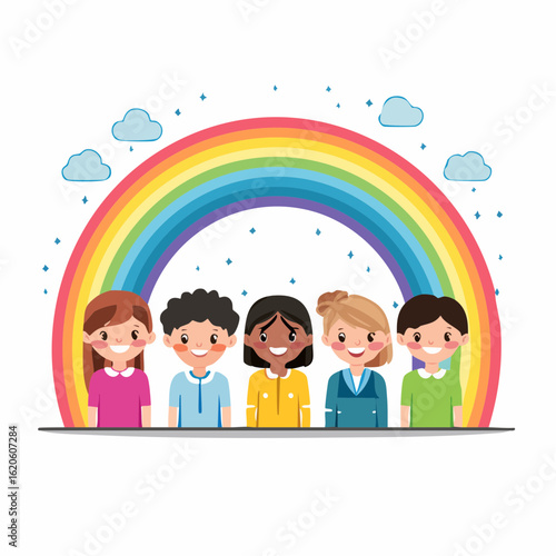 Sehr minimalistisches Kinderschutz-Logo mit abstrakten Kinder-Symbolen unter Regenbogen