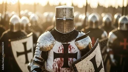 A medieval crusader knight in full armor, holding a shield, stands ready for battle with an army behind him