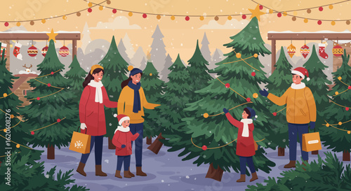 Family Decorating Christmas Tree at Festive Market.
