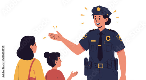 Smiling Female Police Officer Interacting with Civilians.