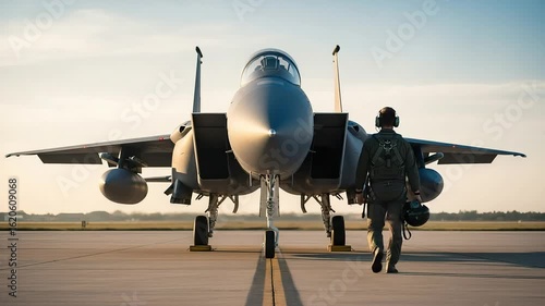 Pilot walks towards a parked f15 eagle fighter jet on the tarmac at sunrise, ready for a mission
