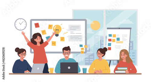 Team Brainstorming Session with Idea Presentation and Laptops.