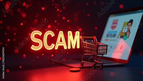 A striking visual featuring a shopping cart and a glowing 'SCAM' message against a dark background, highlighting online shopping risks.