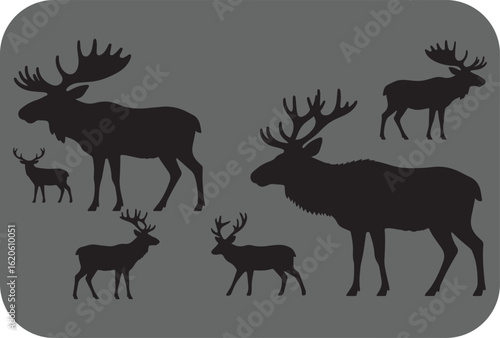 Majestic moose family silhouettes against a subtle gray background showcasing antlers and graceful stance