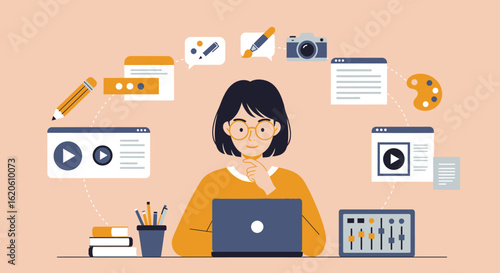 Creative Woman Working on Laptop with Design Elements.