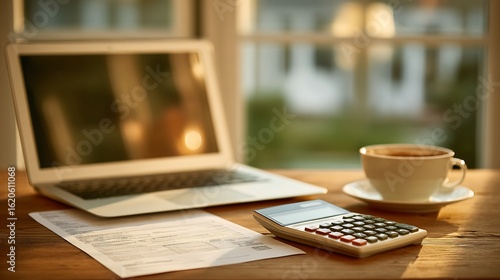 Morning Tax Preparation: Laptop, Calculator, Documents, and Coffee