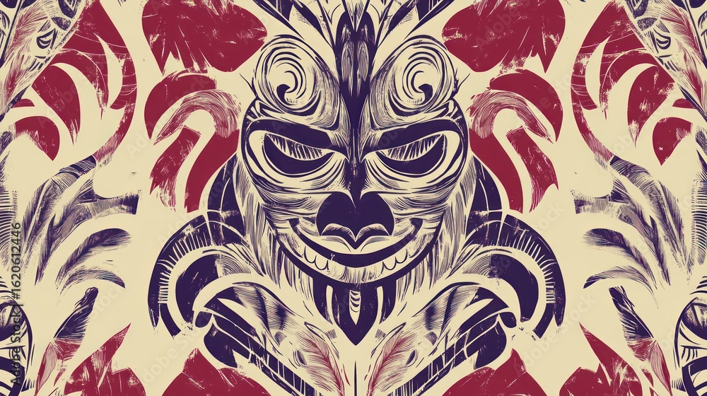 Fototapeta premium Intricate symmetrical mask design with floral elements, beige and burgundy palette.